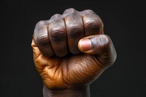 Raised fist of an African American black man in the background. Unity, solidarity, protest. Concept of black history month photo