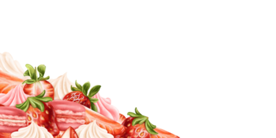 A border of whipped cream, strawberry slices and macaroons. Berry pink decor for birthday parties, wedding. Topping for cakes, cupcakes, ice cream. Confectionery sweets. Isolated illustration, frame png