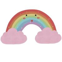 Watercolor Playful expression of a smiling rainbow with fluffy clouds ideal for nursery design vector