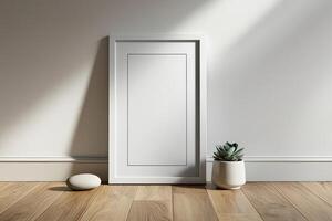 A minimalist vertical white frame mockup displayed on a wooden floor with natural wood texture photo
