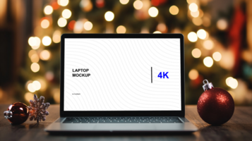Mockup of silver laptop on the table. Front screen view. Christmas tree on background psd