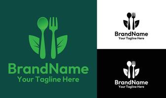 Eco Friendly Food and Dining Logo Design Template with Spoon, Fork, and Leaf Elements vector