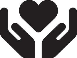 A black and white icon of two hands holding a heart. vector