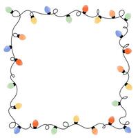 Square shaped decorated frame with colorful garland lights with empty space inside. Template for christmas, wedding or birthday celebration. vector