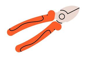 Hand drawn cute cartoon illustration of cutting pliers instrument. Flat repair tool in doodle style. Support service hardware icon. Settings or fix problem. Find solution. Isolated. vector