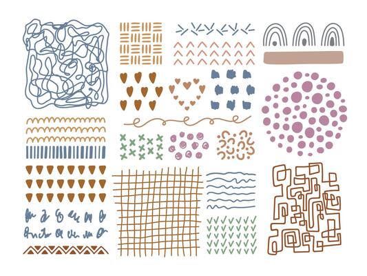 Abstract hand drawn textures pastel color collection. Different fluid shapes, pattern, brush strokes, lines, smears, waves and elements.