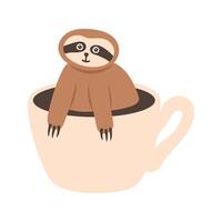 Sleepy sloth relaxing inside coffee cup cartoon. Hand drawn funny tropical bear vector