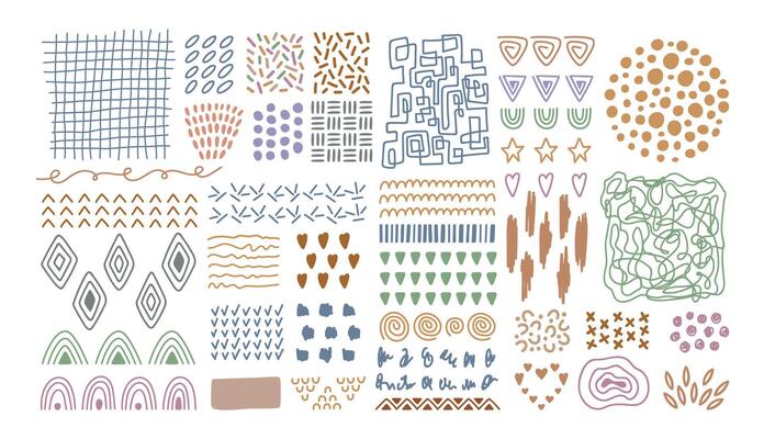 Abstract hand drawn textures pattern. Collection different fluid shapes, brush strokes, lines, smears, waves and elements.