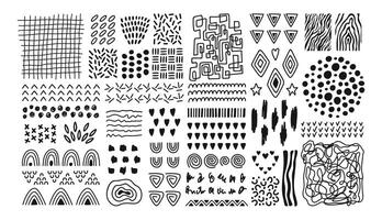 Abstract hand drawn textures monochrome collection. Doodle fluid shapes, pattern, brush strokes, lines, smears, waves and elements. vector