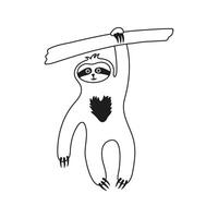 Funny sloth hanging on one paw on tree branch doodle. Hand drawn playful tropical bear character in wild vector