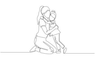 Continuous one line drawing of mom and little daughter hugging each other tightly, bond between mother and daughter, happy parenting concept, single line art vector