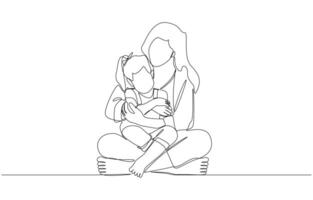 Continuous one line drawing of mom hugging little daughter on her lap, happy mother and daughter, raising children concept, single line art vector