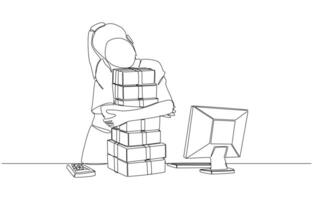 Continuous one line drawing of cheerful online seller hugging pile of packaging boxes, successful online sales concept, single line art vector