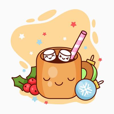 Glass of cocoa with sweets in kawaii style