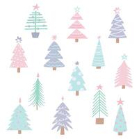 Set of Christmas trees in flat style, hand drawn, isolated on transparent background vector