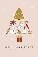Abstract Christmas tree made from hand drawn elements on a beige background graphic illustration. Merry Christmas greeting card template vector