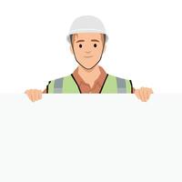 Happy construction site worker, architect holding an empty banner with copy space. vector