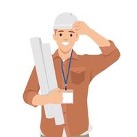 Young architect holding draft blueprint design roll paper and a clipboard. Building architecture. vector