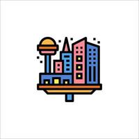 A city skyline with a sun and a tower vector