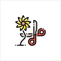 A flower and scissors are shown in a line drawing vector