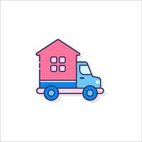 A truck with a house on it in a flat line icon vector