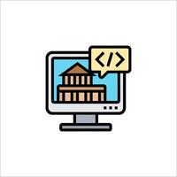 A computer with a speech bubble and a building icon vector
