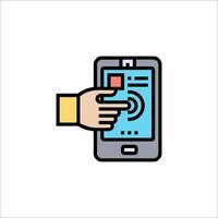 A hand pressing a button on a smartphone vector