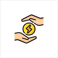 Two hands holding a coin with a lightning bolt on it vector