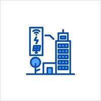 A blue line icon of a building with a solar panel vector