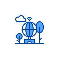 A blue line icon of a globe with a cloud vector