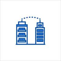A blue line icon of two buildings with a line connecting them vector