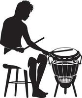 A sleek and artistic silhouette illustration of a minimalist bongo drum performer, capturing the essence of rhythm and movement with clean, simple lines. vector