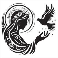Sacred Virgin Mary Surrounded by Doves Illustration vector