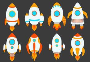 Kids rockets set of illustrations. Spacecraft types, jet, spaceship galaxy design for children vector