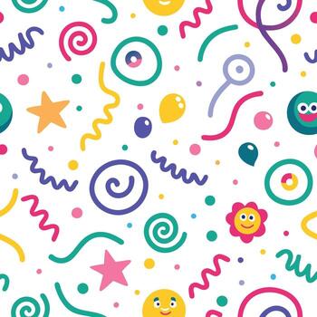 a colorful pattern with balloons, stars and other objects vector