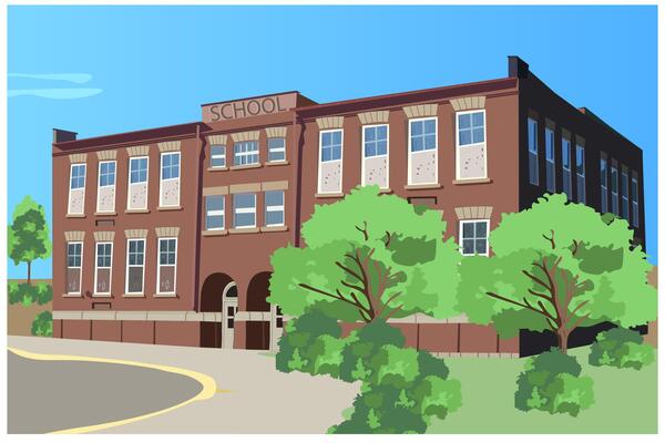 School building front view with green lawn.