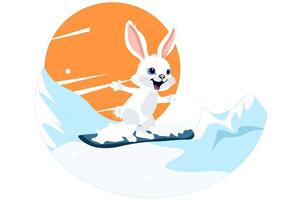 Rabbit snowboards. Cute rabbit in winter. vector