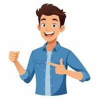 Positive emotions and gesturing concept. Young smiling man cartoon character wearing denim shirt standing looking at camera and pointing with two hands and fingers to side vector