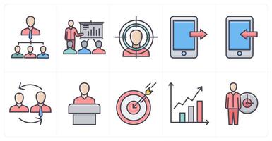 A set of 10 business icons as business hierarchy, business presentation, customer focus vector