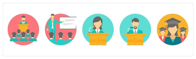 A set of 5 education icons as lecture, classroom, speech vector