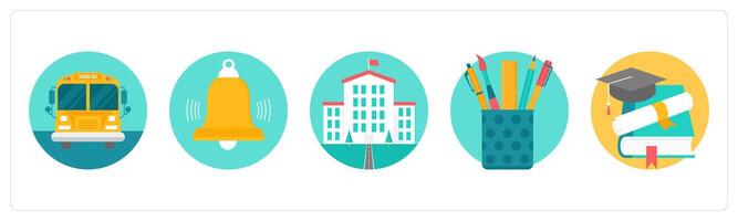 A set of 5 education icons as school bus, bell, university vector