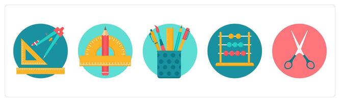 A set of 5 education icons as geometry, pencil box, abacus vector