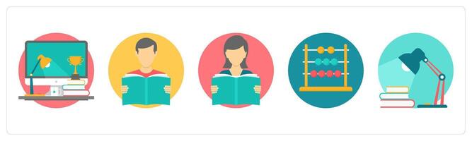 A set of 5 education icons as study, reading boy, reading girl vector