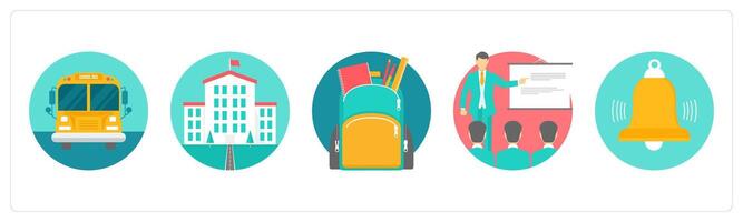 A set of 5 education icons as school bus, university, school bag vector