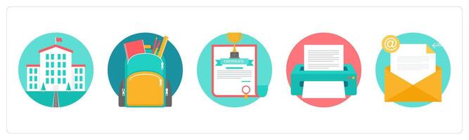 A set of 5 education icons as university, school bag, certificate vector