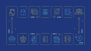 Financial close management blue word concept. Accounting ledger, documentation. Cash flow, business. Horizontal image. Headline text surrounded by editable outline icons vector