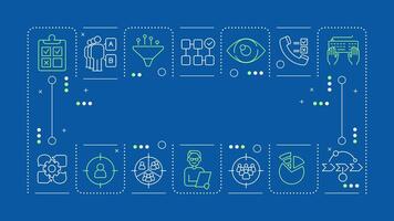 Research methodology blue gray word concept. Marketing planning, audience. Interview, communication. Horizontal image. Headline text surrounded by editable outline icons vector