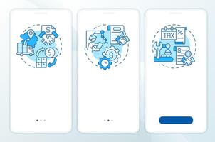 Manufacturing costs blue onboarding mobile app screen. Walkthrough 3 steps editable graphic instructions with linear concepts. UI, UX, GUI template vector