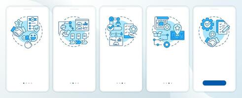 Choosing contract manufacturer blue onboarding mobile app screen. Walkthrough 5 steps editable graphic instructions with linear concepts. UI, UX, GUI template vector