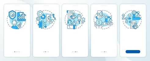 Manufacturing agreements blue onboarding mobile app screen. Walkthrough 5 steps editable graphic instructions with linear concepts. UI, UX, GUI template vector